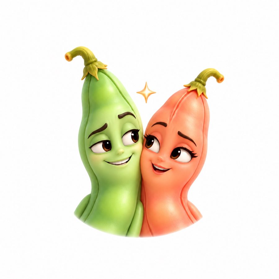 Two cheerful bean-pod characters, one mint green and one coral orange, leaning together with a small sparkle